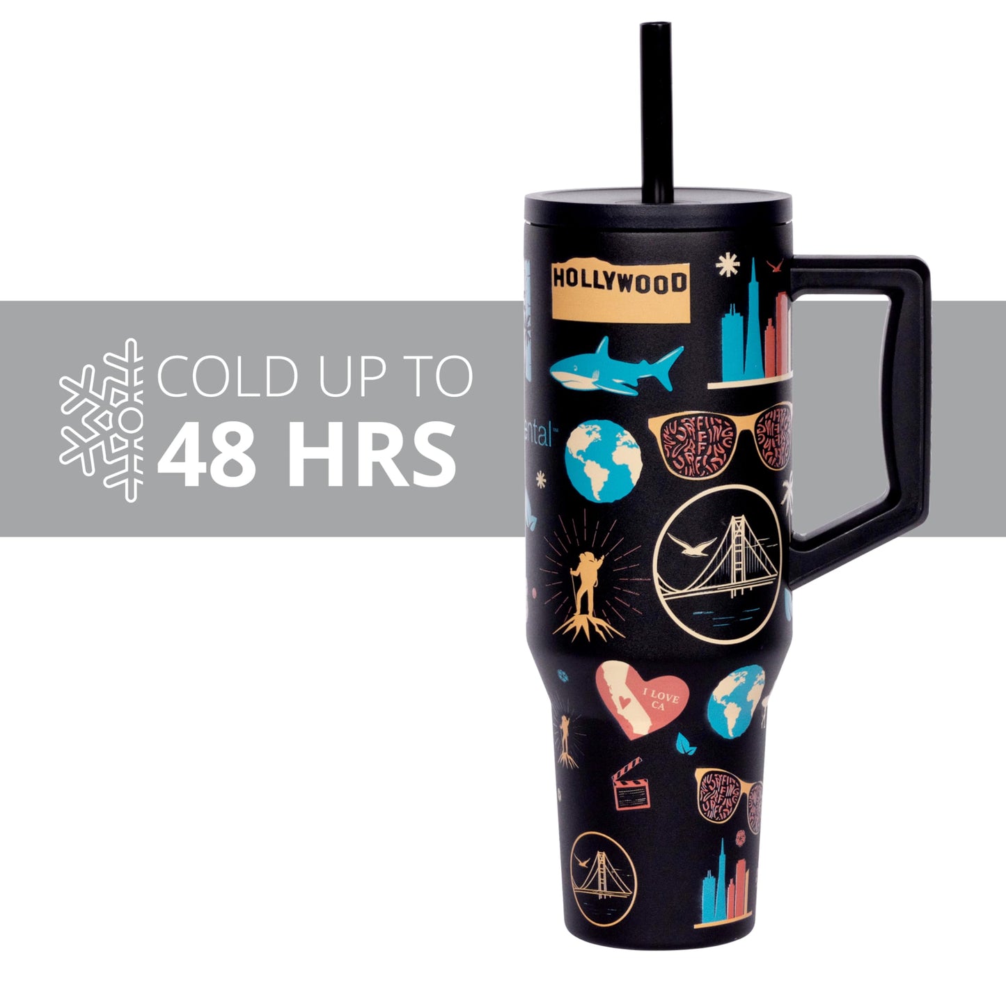 Elemental 40 oz Tumbler with Handle and Straw - Spill Proof Insulated Stainless Steel Commuter for Hot and Cold Beverages - Travel Coffee Mug with 2 Straws & Spill Proof Lid - 40oz-California Dreaming