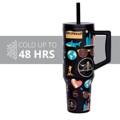 Elemental 40 oz Tumbler with Handle and Straw - Spill Proof Insulated Stainless Steel Commuter for Hot and Cold Beverages - Travel Coffee Mug with 2 Straws & Spill Proof Lid - 40oz-California Dreaming