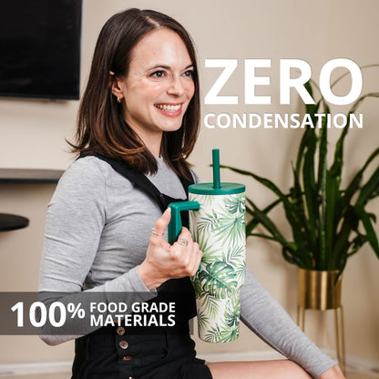 Elemental 40oz Tumbler with Handle and Straw - Spill Proof Insulated Stainless Steel Commuter for Hot & Cold Beverages - Travel Coffee Mug with 2 Straws & Spill Proof Lid - 40 oz - Monstera