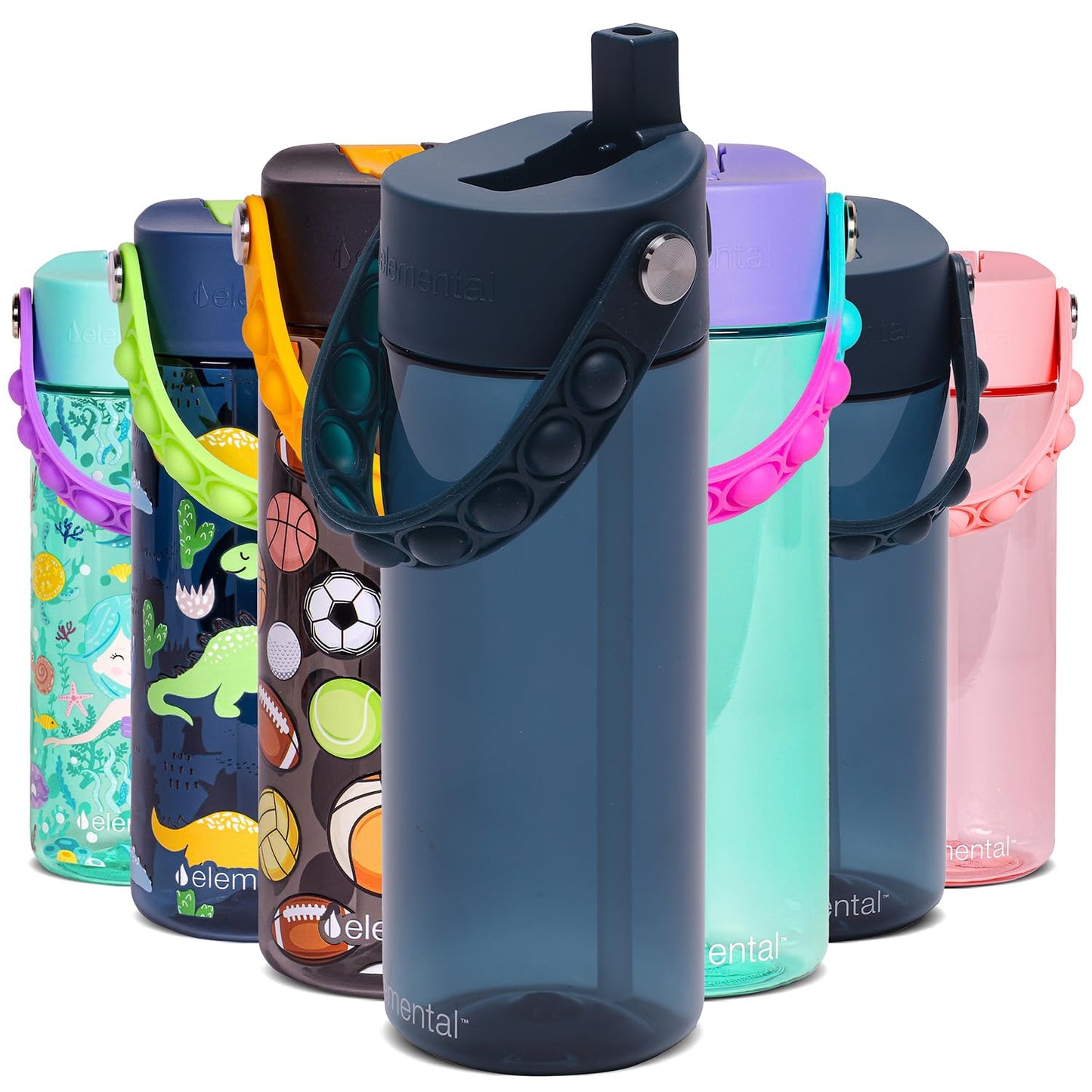 Elemental Leak Proof Water Bottles for Kids - Splash Kids Water Bottle for School with Pop-it Handle - BPA Free Tritan Plastic Reusable Water Bottle with Straw - Navy Blue - 18oz