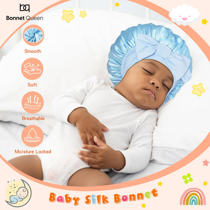 BONNET QUEEN Baby Bonnet Kids Bonnet Double Layer Silk Bonnet for Sleeping Satin Bonnet Adjustable Silk Hair Wrap with Tie Band 2Pcs 6-12 Months Hot Pink+Light Blue