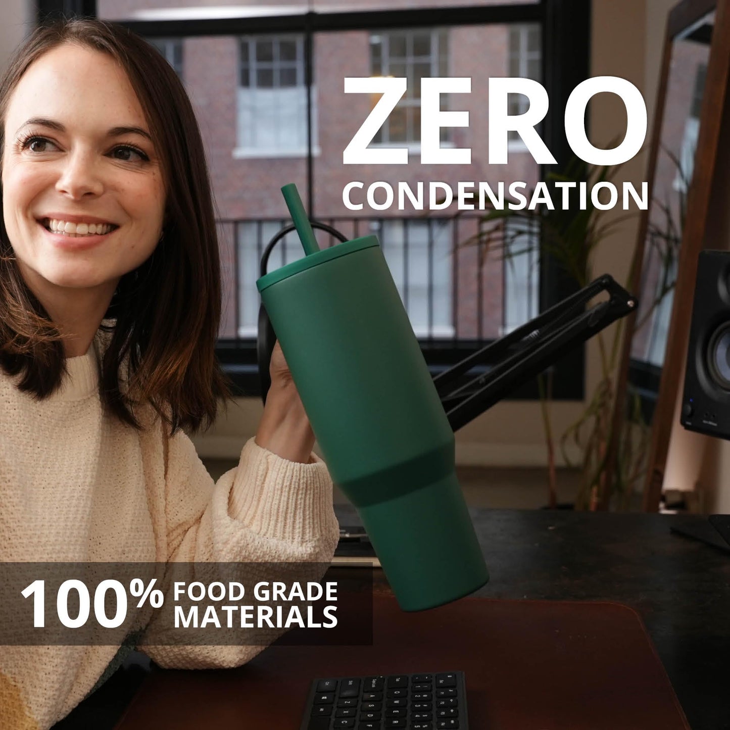 Elemental 40 oz Tumbler with Handle and Straw - Spill Proof Insulated Stainless Steel Commuter for Hot and Cold Beverages - Travel Coffee Mug with 2 Straws & Spill Proof Lid - 40oz - Forest Green