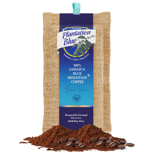 Plantation Blue 100% Jamaica Blue Mountain Coffee Medium Roasted and GROUND (16oz)