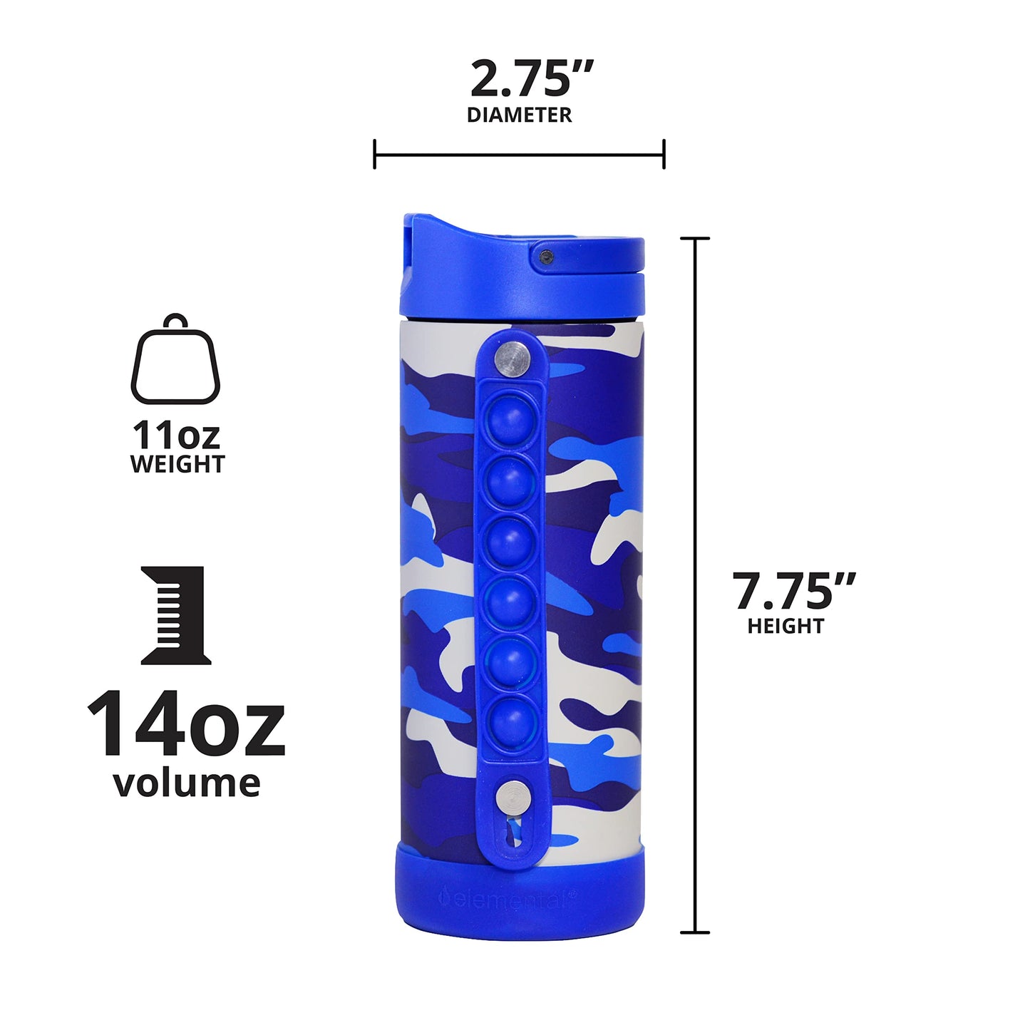 Elemental Iconic Kids Insulated Water Bottle with Straw Lid & Stress Reliever Pop-It Handle, Leak-Proof When Closed Water Bottle Kids - Stainless Steel Water Bottle For Kids, 14oz - Blue Camo