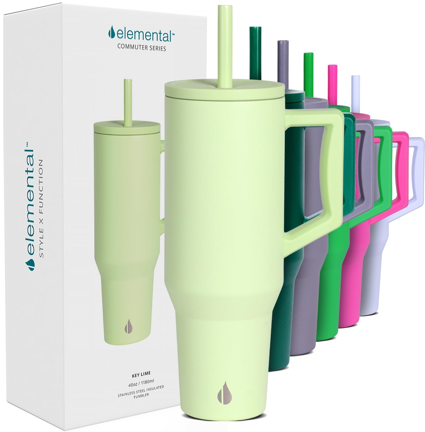 Elemental 40 oz Tumbler with Handle and Straw - Spill Proof Insulated Stainless Steel Commuter for Hot and Cold Beverages - Travel Coffee Mug with 2 Straws & Spill Proof Lid - 40oz - Key Lime