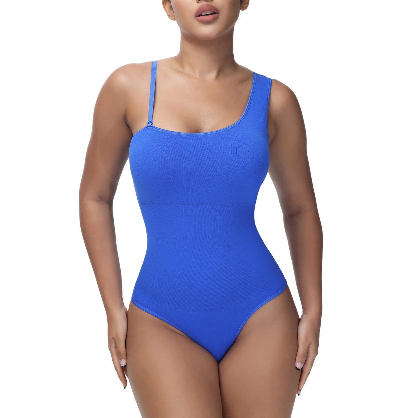 Soo slick Shapewear bodysuit for women Tummy control Tops mono strap sleeveless body suit thong sculpting clothings with removable padding and straps (Blue Large)