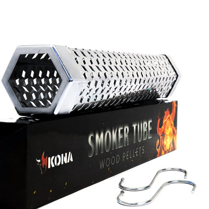 Kona Wood Smoker Tube & Smoking Pellets Set - Hot & Cold Smoke for Charcoal, Electric, Gas & All BBQ Grills - Stainless Steel 12 Inch Hexagon & 14 ounces of Premium Blend Hardwood