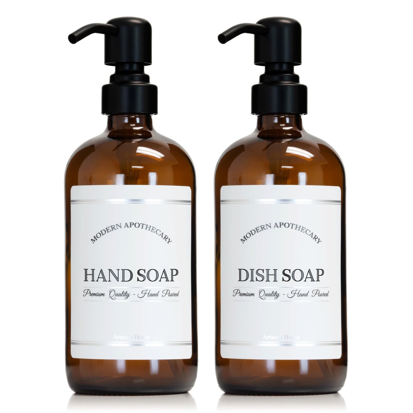 Artanis Home Amber Refillable Hand and Dish Soap Dispenser Set with Pumps for Kitchen Sink - Glass Boston Round Soap Bottles - Waterproof Labels - 16 oz - 2 Pack