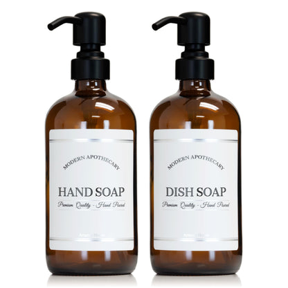 Artanis Home Amber Refillable Hand and Dish Soap Dispenser Set with Pumps for Kitchen Sink - Glass Boston Round Soap Bottles - Waterproof Labels - 16 oz - 2 Pack
