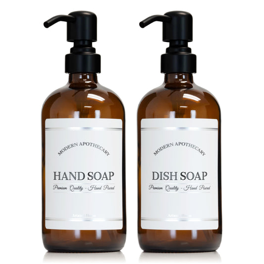 Artanis Home Amber Refillable Hand and Dish Soap Dispenser Set with Pumps for Kitchen Sink - Glass Boston Round Soap Bottles - Waterproof Labels - 16 oz - 2 Pack