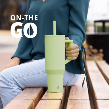 Elemental 40 oz Tumbler with Handle and Straw - Spill Proof Insulated Stainless Steel Commuter for Hot and Cold Beverages - Travel Coffee Mug with 2 Straws & Spill Proof Lid - 40oz - Key Lime