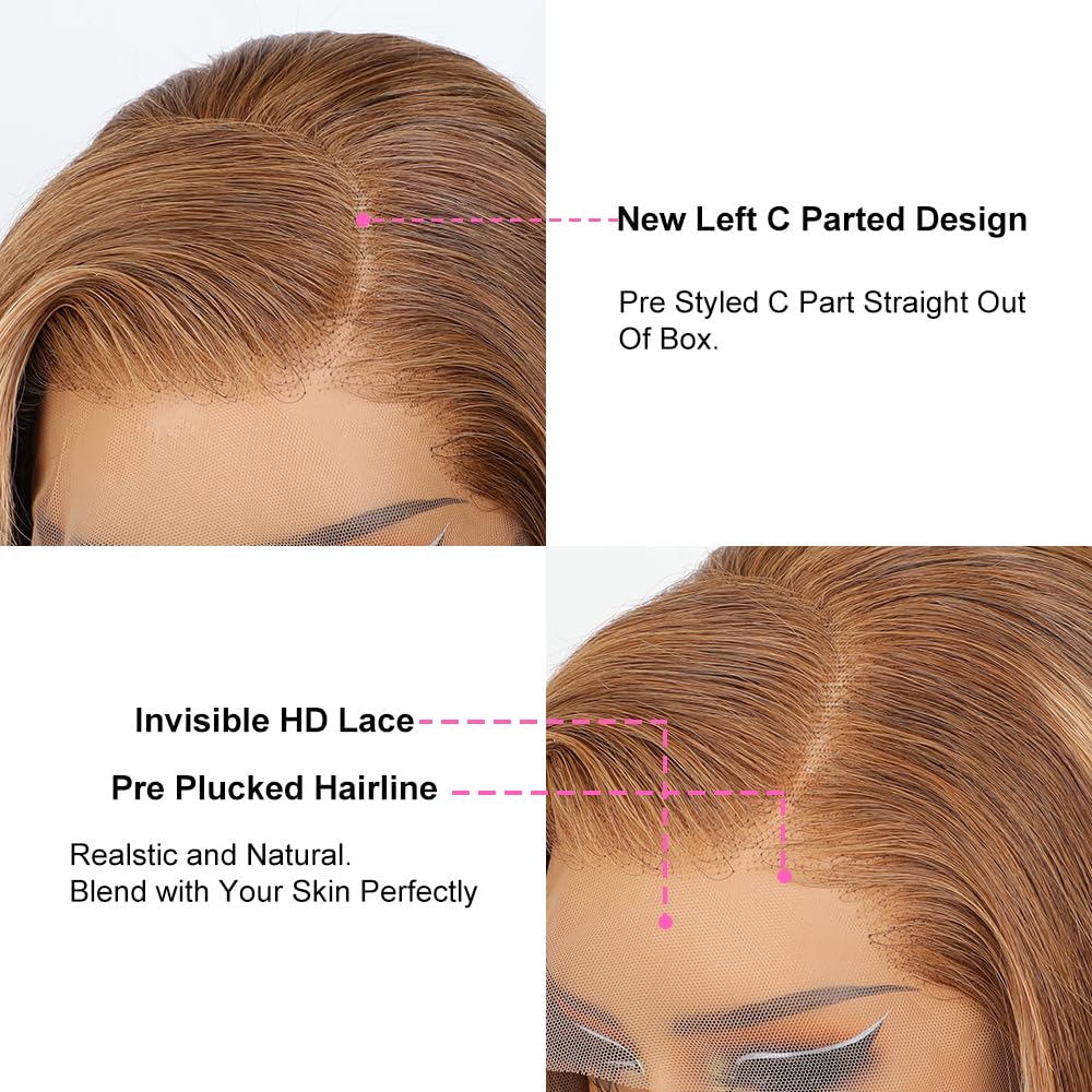 BLY Hihglight Afro Kinky Curly Bob Wigs C Part 13x6 HD Lace Front Wig 14 Inch Pre Plucked Thick Short Curly Bob Hair 4/27 Ombre Colored Wig for Women 180 Density