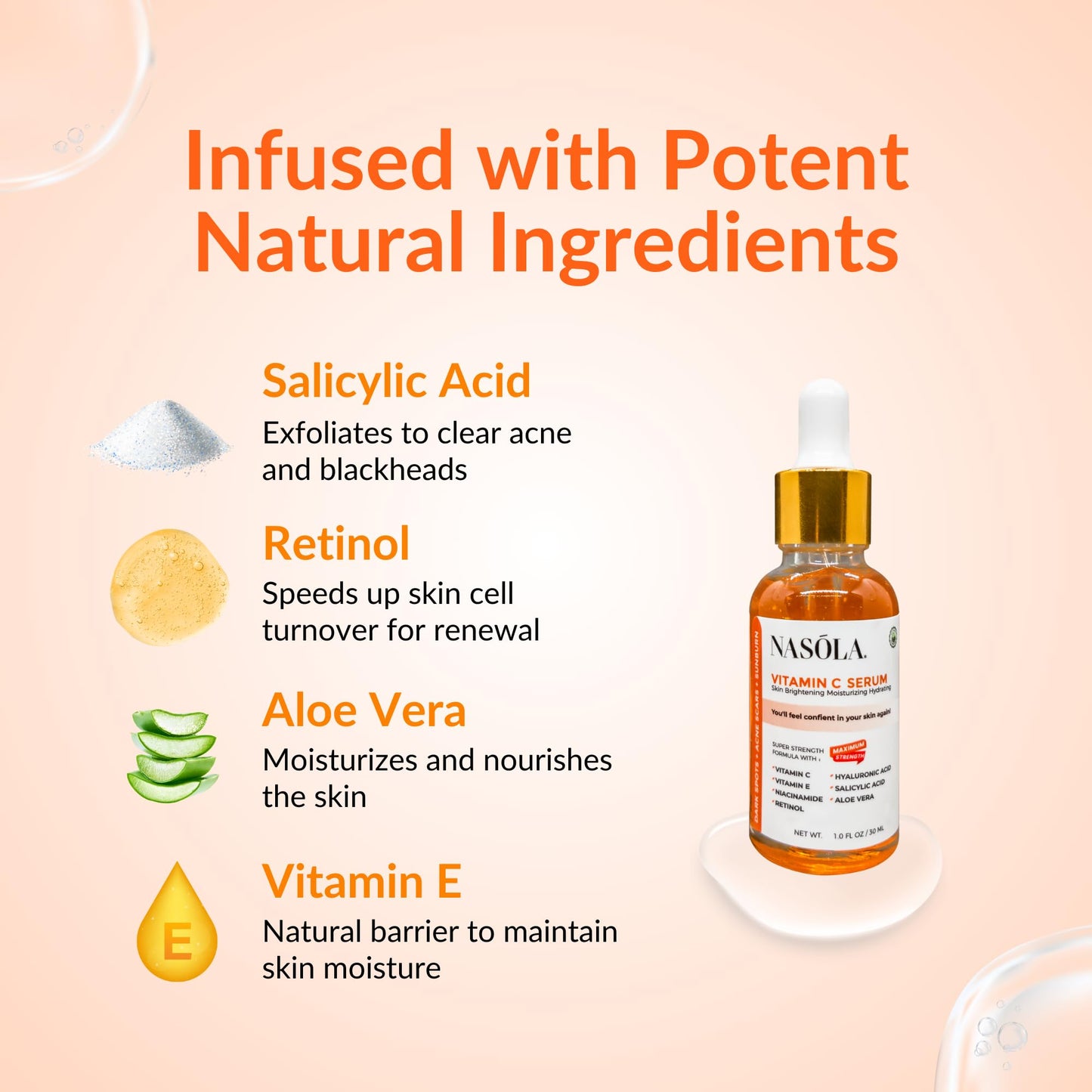 Nasola Vitamin C Serum for Skin Clarifying, Complexion Revitalization, Hydrating, Age Defying with Retinol, Salicylic, Hyaluronic Acid, Niacinamide & Aloe Vera