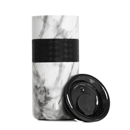 Elemental Artisan Insulated Tumbler, Triple Wall Coffee Travel Tumbler, Reusable Stainless Steel Coffee Tumbler with Ceramic Lid, Thermal Coffee Cup for Hot (6 Hrs) & Cold (18 Hrs) 16oz - White Marble