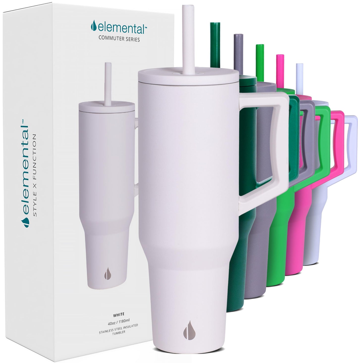 Elemental 40 oz Tumbler with Handle and Straw - Spill Proof Insulated Stainless Steel Commuter for Hot and Cold Beverages - Travel Coffee Mug with 2 Straws & Spill Proof Lid - 40oz - White