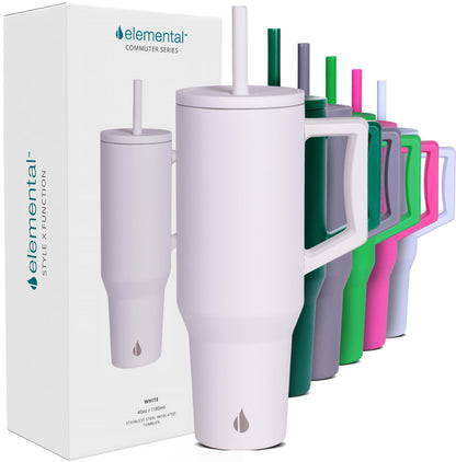 Elemental 40 oz Tumbler with Handle and Straw - Spill Proof Insulated Stainless Steel Commuter for Hot and Cold Beverages - Travel Coffee Mug with 2 Straws & Spill Proof Lid - 40oz - White