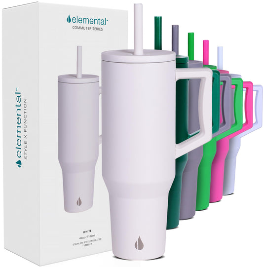 Elemental 40 oz Tumbler with Handle and Straw - Spill Proof Insulated Stainless Steel Commuter for Hot and Cold Beverages - Travel Coffee Mug with 2 Straws & Spill Proof Lid - 40oz - White