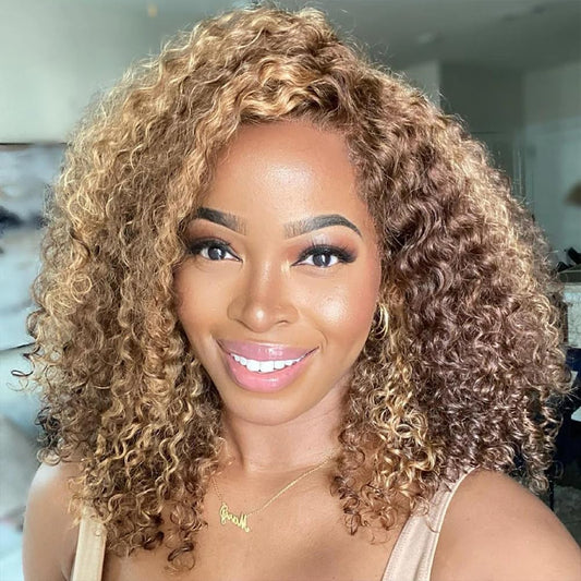 BLY Hihglight Afro Kinky Curly Bob Wigs C Part 13x6 HD Lace Front Wig 14 Inch Pre Plucked Thick Short Curly Bob Hair 4/27 Ombre Colored Wig for Women 180 Density