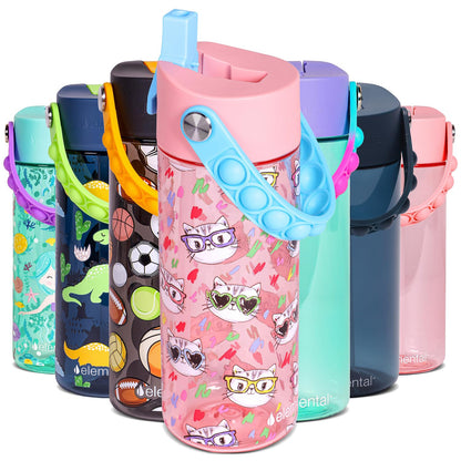 Elemental Leak Proof Water Bottles for Kids - Splash Kids Water Bottle for School with Pop-it Handle - BPA Free Tritan Plastic Reusable Water Bottle with Straw - Stylish Cat - 18oz