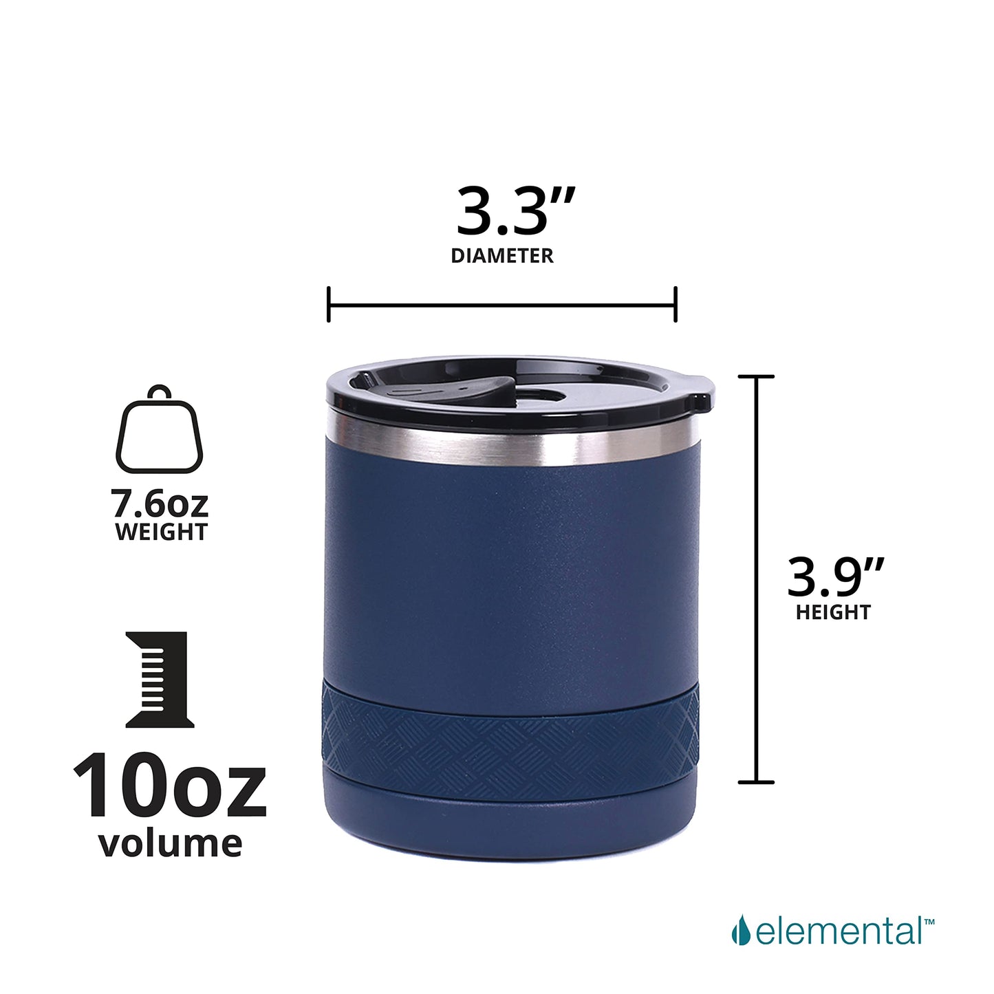 Elemental Recess Lowball Tumbler, 10oz Triple Wall Stainless Steel Cup with Non-Shattered Tritan Lid, Insulated Whiskey Glass, Insulated Coffee Tumbler Mug for Hot & Cold Drinks - Navy Blue