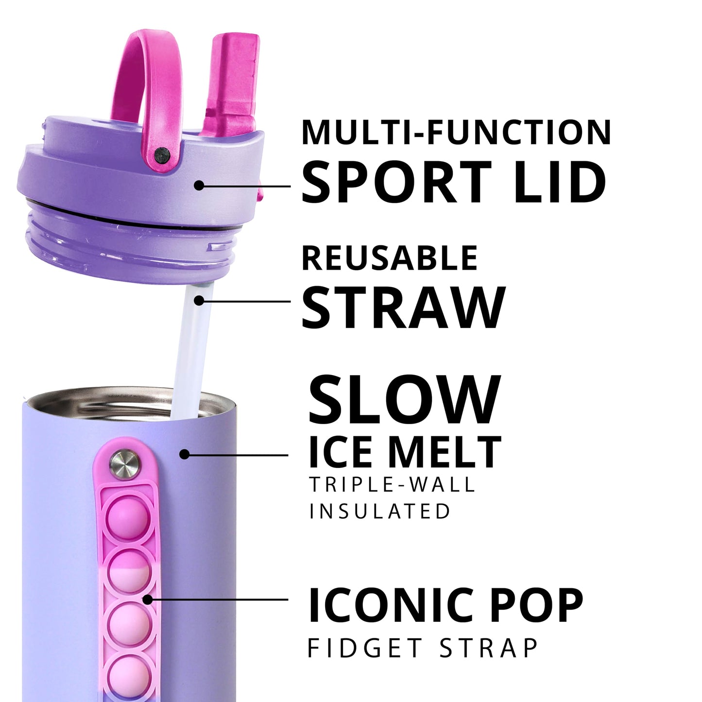 Elemental Iconic Kids Water Bottle with Straw Lid & Stress Reliever Pop It Handle, Leak-Proof When Closed, Triple Insulated Stainless Steel Reusable Thermos Water Bottle, 20oz - Lilac Tie Dye