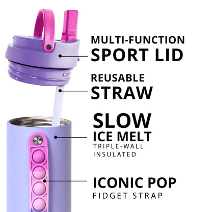 Elemental Iconic Kids Water Bottle with Straw Lid & Stress Reliever Pop It Handle, Leak-Proof When Closed, Triple Insulated Stainless Steel Reusable Thermos Water Bottle, 20oz - Lilac Tie Dye
