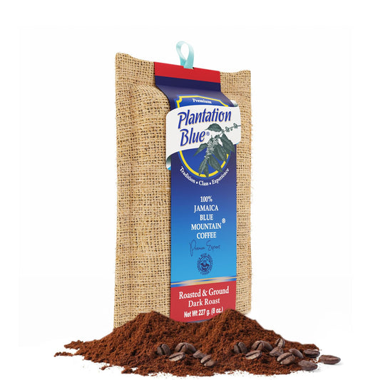 Plantation Blue 100% Blue Mountain Coffee, Dark Roast, Ground, Premium Jamaican Coffee, 8oz