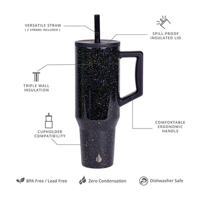 Elemental 40 oz Tumbler with Handle and Straw - Spill Proof Insulated Stainless Steel Commuter for Hot and Cold Beverages - Travel Coffee Mug with 2 Straws & Spill Proof Lid - 40oz - Black Speckle