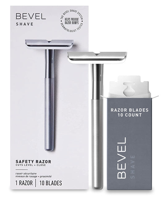 Bevel Safety Razor with Brass Weighted Handle and 10 Double Edge Safety Blade Refills, Single Blade Razor for Men, Designed for Coarse Hair to Prevent Razor Bumps - Silver (Packaging May Vary)