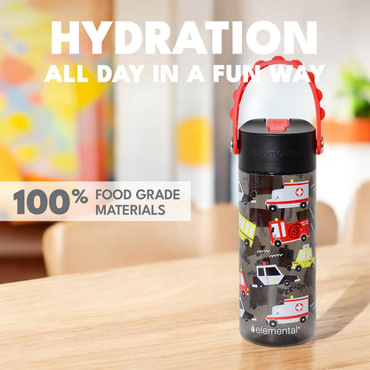 Elemental Leak Proof Water Bottles for Kids - Splash Kids Water Bottle for School with Pop-it Handle - BPA Free Tritan Plastic Reusable Water Bottle with Straw - Service Vechicle - 18oz