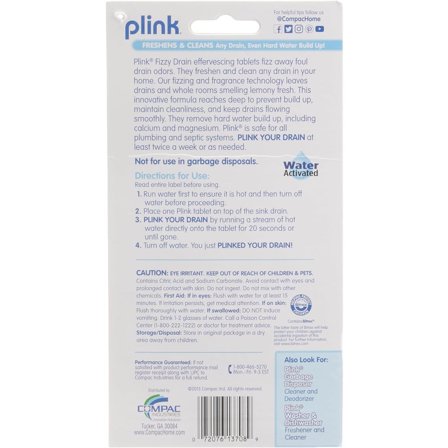 COMPAC HOME Plink Sink Drain Cleaner and Deodorizer, Air Fresheners for Garbage Disposal, Home Accessory Cleaning Products for Kitchen, Drain Cleaner, Lemon Scent, 6 Count (Pack of 1), 6 Tablets