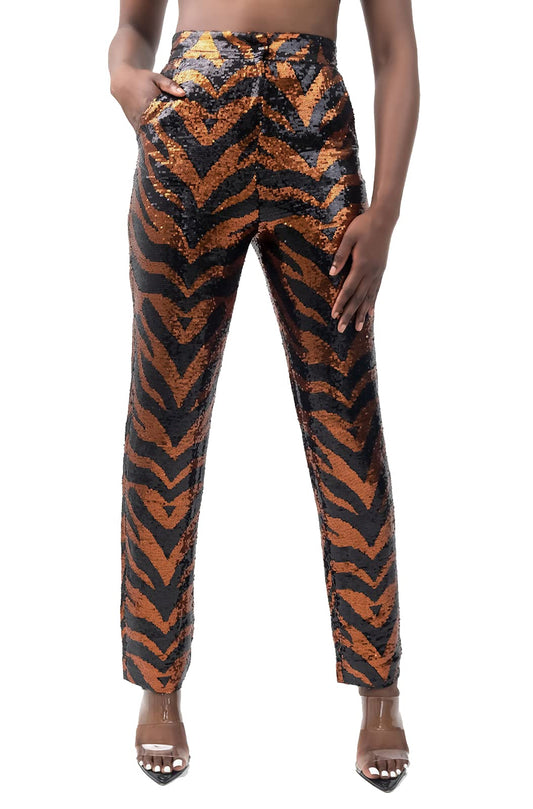 Pantora Women's Stacy Sequin Pant, Tiger Print, Small