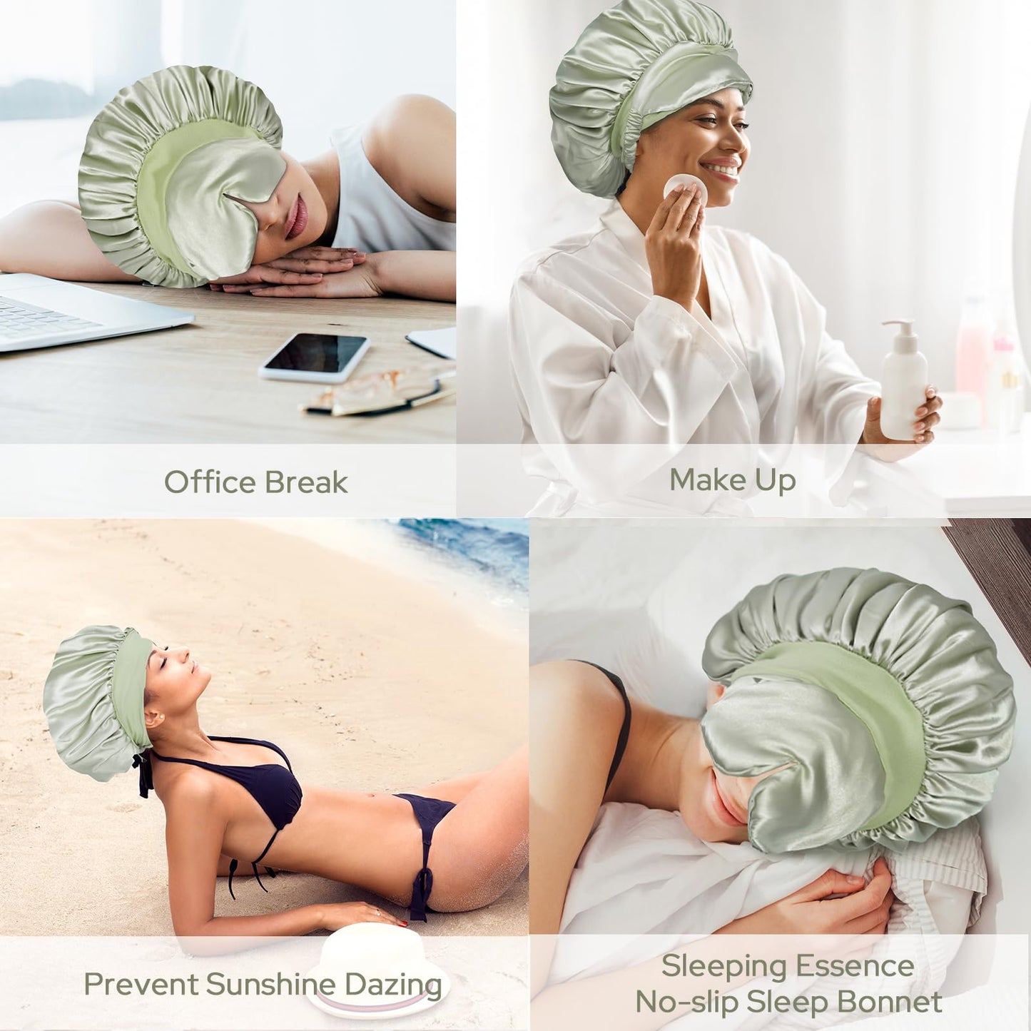 BONNET QUEEN Silk Bonnet for Sleeping Women Satin Bonnet with Eye Mask Non Slip Hair Bonnet for Curly Hair Night Sleep Cap Green+Green