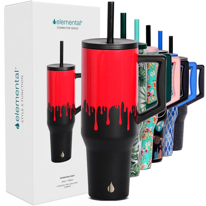 Elemental 40 oz Tumbler with Handle and Straw - Spill Proof Insulated Stainless Steel Commuter for Hot and Cold Beverages - Travel Coffee Mug with 2 Straws & Spill Proof Lid - 40oz - Sanguine Drip