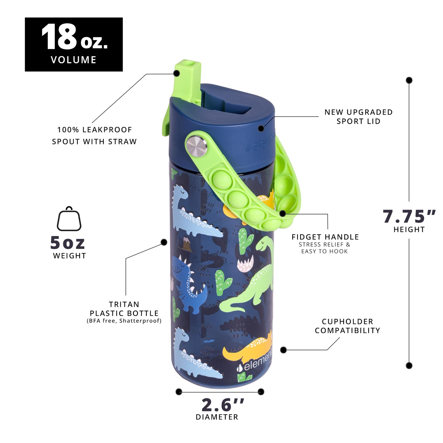 Elemental Leak Proof Water Bottles for Kids - Splash Kids Water Bottle for School with Pop-it Handle - BPA Free Tritan Plastic Reusable Water Bottle with Straw - Dinosaur - 18oz