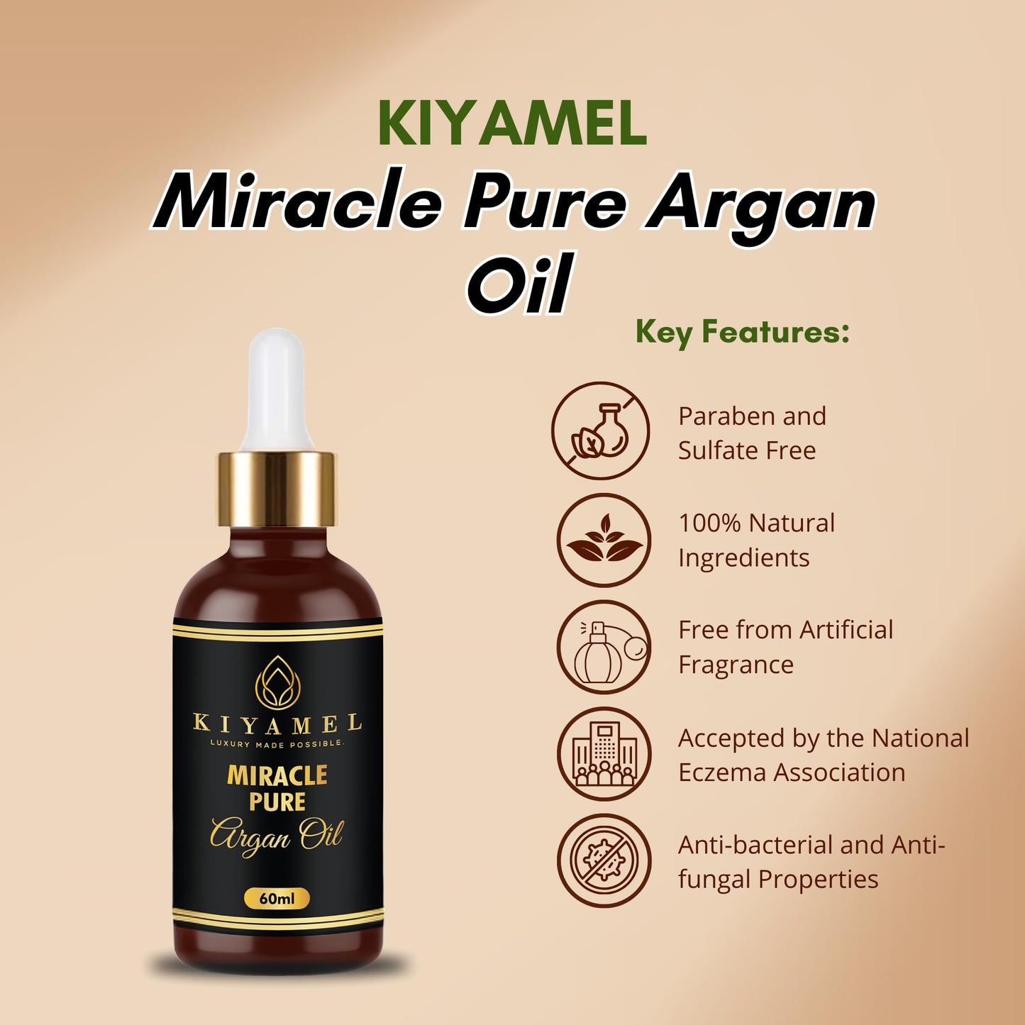 KIYAMEL Pure Argan Oil for Women and Men, Natural Skin Hydrating Vitamin E and Omega 6 Fatty Acids for Stretch Marks, Wrinkles, and Under Eye Bags, Paraben and Sulfate Free