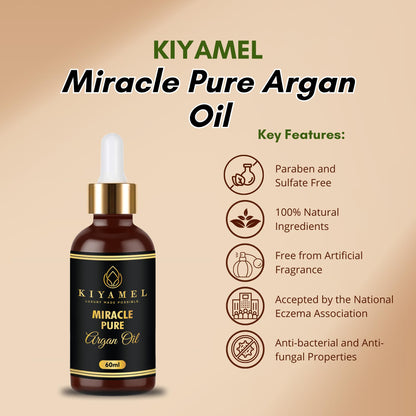 KIYAMEL Pure Argan Oil for Women and Men, Natural Skin Hydrating Vitamin E and Omega 6 Fatty Acids for Stretch Marks, Wrinkles, and Under Eye Bags, Paraben and Sulfate Free