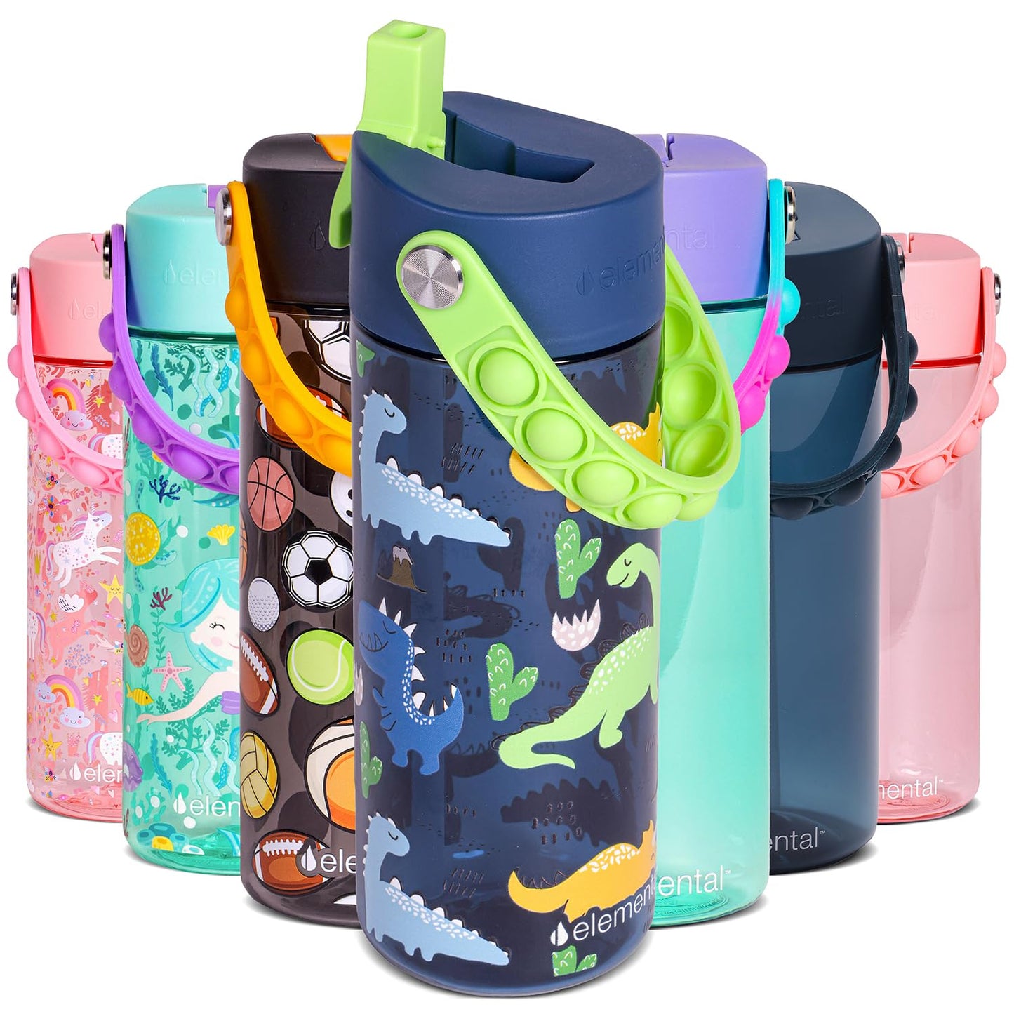 Elemental Leak Proof Water Bottles for Kids - Splash Kids Water Bottle for School with Pop-it Handle - BPA Free Tritan Plastic Reusable Water Bottle with Straw - Dinosaur - 18oz