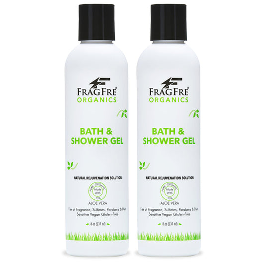 FRAGFRE Organic Shower Gel 2/Pack - Fragrance Free Sulfate Free Parabens Free - for Itchy Dry Sensitive Skins - 8 oz - Gluten Free Vegan Cruelty Free - Organic Aloe Vera Bath Shower Gel - pure Natural