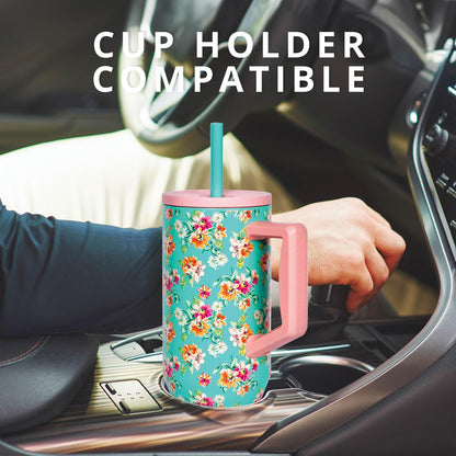 Elemental 40 oz Tumbler with Handle and Straw - Spill Proof Insulated Stainless Steel Commuter for Hot and Cold Beverages - Travel Coffee Mug with 2 Straws & Spill Proof Lid - 40oz - Vintage Flower
