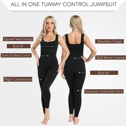 Soo slick Jumpsuits for Women - Tummy Control Square Neck Ribbed Sleeveless | Shapewear Rompers One Piece Women's Workout Clothes (X-Small)