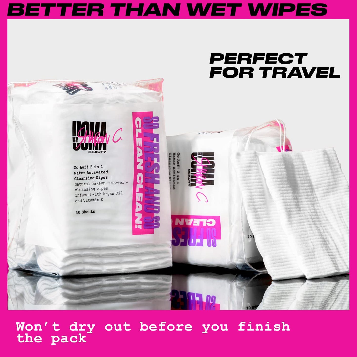 UOMA by Sharon C. Face Wipes - Go Awf 2 in 1 Water Activated Makeup Wipes. Biodegradable Cotton Pads, Face Cleansing Wipes Makeup Remover. Facial Wipes with Argan Oil + Vitamin E. 40 Make Up Wipes