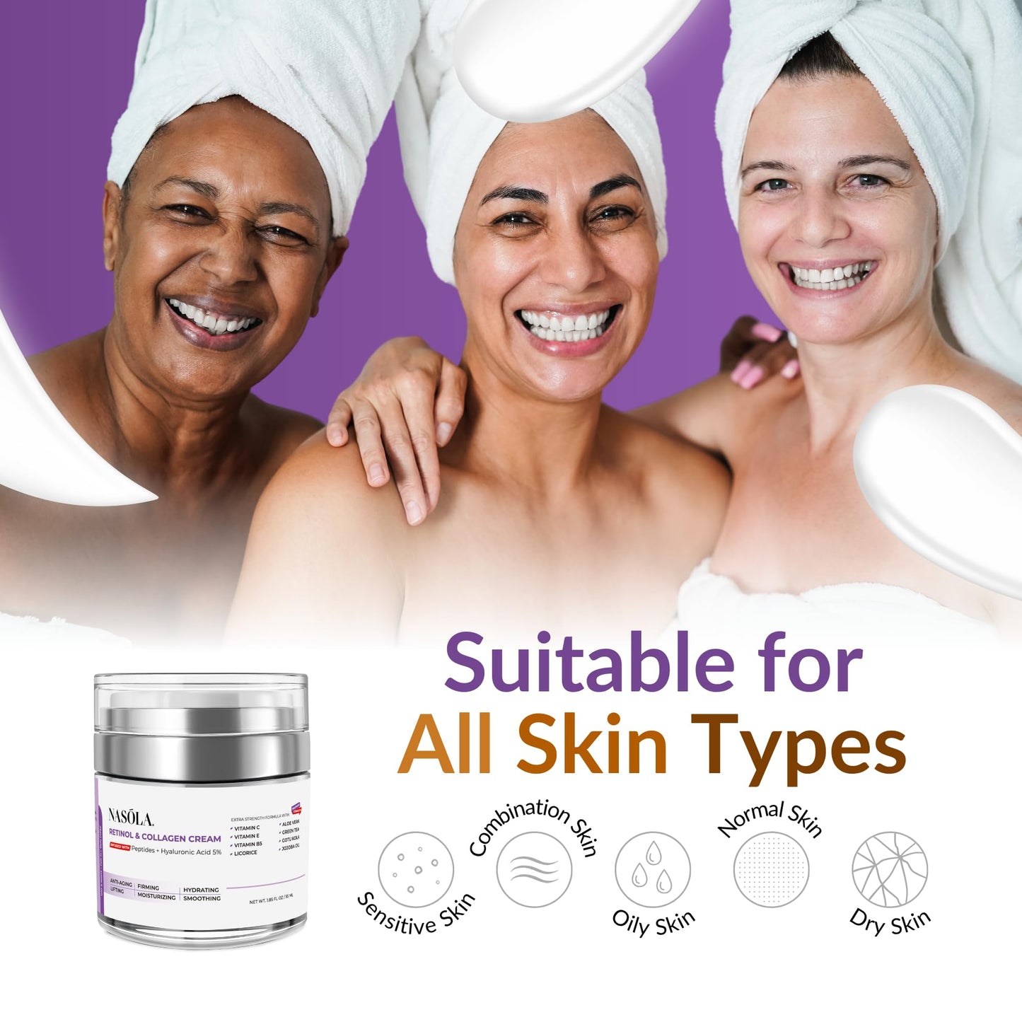 Nasola Retinol and Collagen Face Cream, Anti Aging Retinol Cream for Face Moisturizer with Hyaluronic Acid, Day & Night Collagen Cream Wrinkle Remover for Face, Contains Vitamin B5+E+C, 1.85 Fl Oz