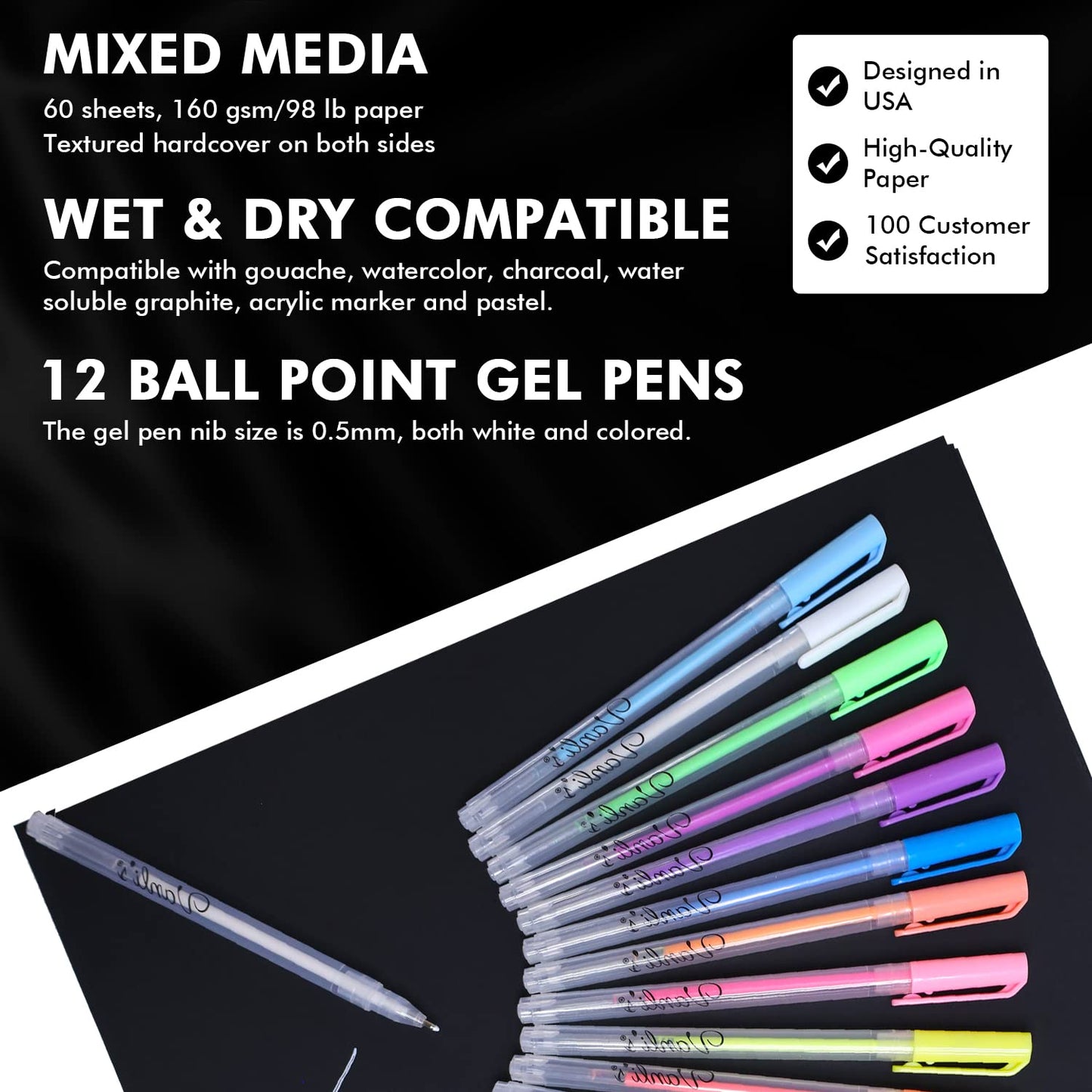 Vanli's Hardcover Black Paper Sketchbook & 12 Pack Ball Point Gel Pens Set - 2 White & 10 Colorful Pens for Drawing, Sketching, & Journaling. 9" x 12" Spiral Bound, Acid Free Black Art Paper