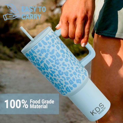 KDS KENENI 40 oz Tumbler Water Bottle with Handle and Straw Lid | Insulated Cup Reusable Stainless Steel | for Women men | Stylish Collection| Leopard Design (Pattern: Sea Glass Sage Leopard)