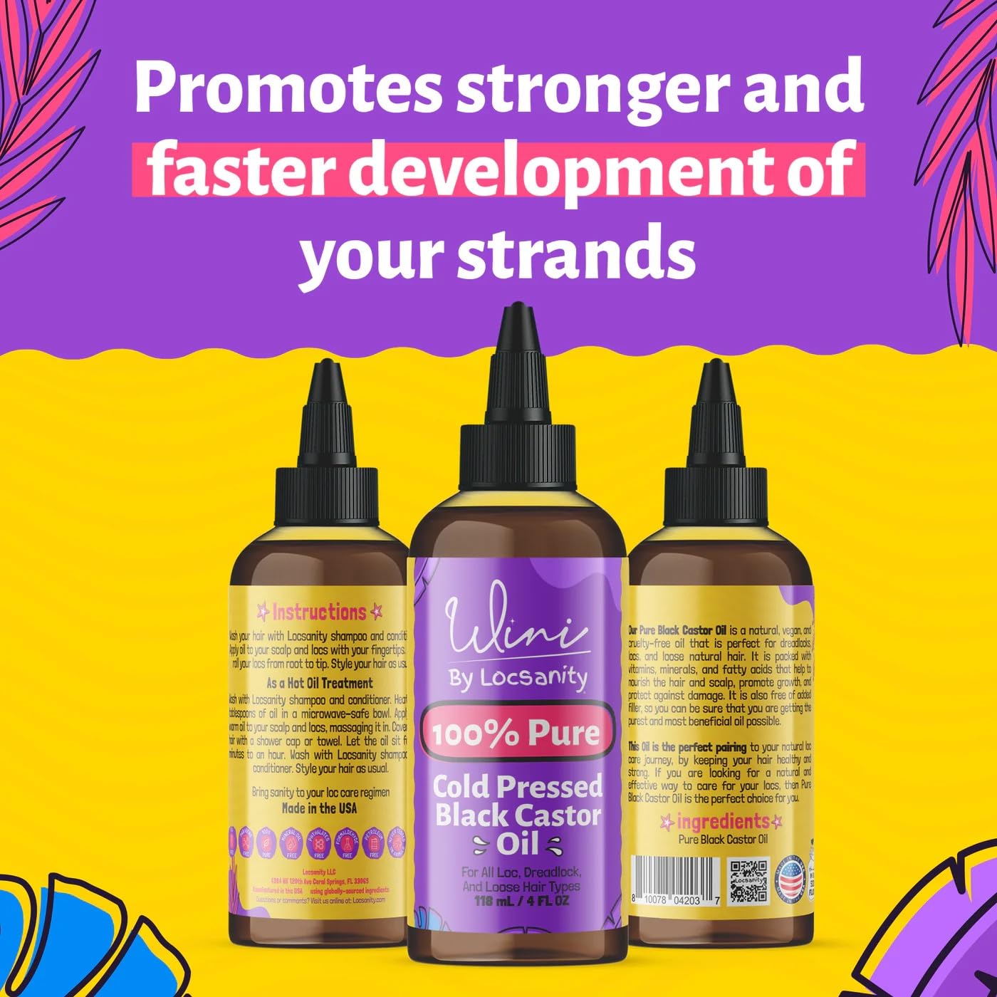 Locsanity Wini Pure 100% Cold Pressed Jamaican Black Castor Oil For Hair and Skin, 4 Fl Oz