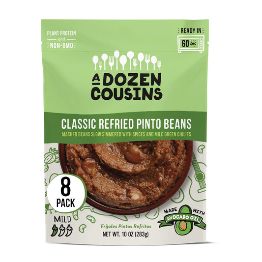A Dozen Cousins Seasoned Refried Beans - Microwave Meals Vegan Pinto Beans - Non-GMO Meals Ready to Eat Made with Avocado Oil (Refried Pinto Beans, 8-pack)