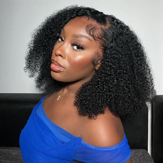 BLY C Part Afro Kinky Curly Bob Wigs 13x6 HD Lace Front Wig 16 Inch Human Hair Glueless Wig Side Part Pre Plucked for Women Natural Black Color 180 Density