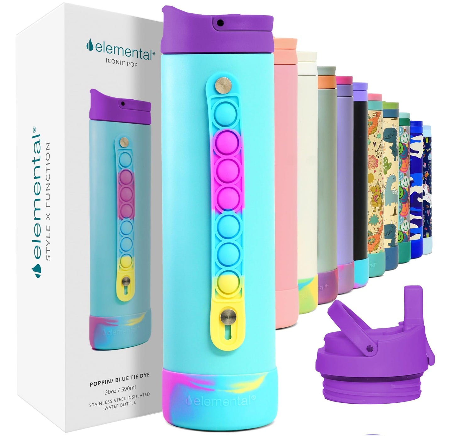 Elemental Iconic Kids Water Bottle with Straw Lid & Stress Reliever Pop It Handle, Leak-Proof When Closed, Triple Insulated Stainless Steel Reusable Thermos Water Bottle, 20oz - Blue Tie Dye