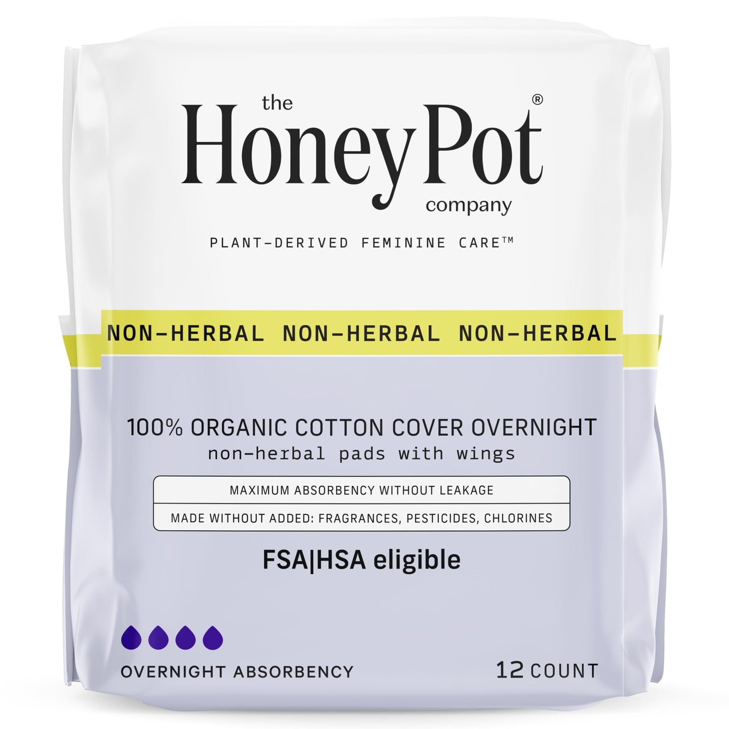 The Honey Pot Company - Pads for Women - Non-Herbal Overnight Pads w/Wings - Organic Cotton Cover, & Ultra-Absorbent Pulp Core - Sanitary Pads for Women - Feminine Care - FSA & HSA Eligible - 12 ct